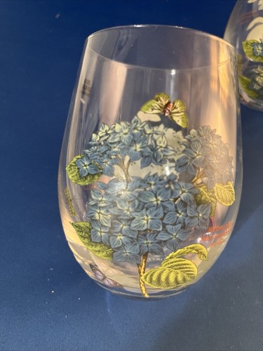 2 Portmeirion Botanic Garden Stemless Wine Glasses Hydrangea - Picture 3 of 7