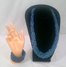   Beaded Necklace  Bracelet Set - Blue Teal Clear Plastic Beads