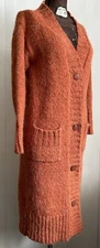 Hand Knit Women XS/S Long Cardigan Heathered Orange Soft Wool Angora Blend EUC