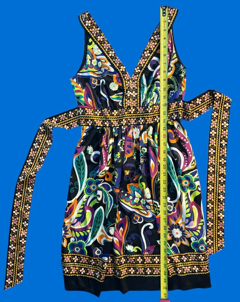 Mini Vestido de Verano de Seda eci New York Sin Mangas Geométrico Floral Talla 4 Corbata Cintura Foto 2 de 4