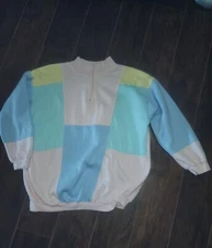 Gitano  Blue Pink Yellow  Quarter Zip Multicolor Shirt Tee 70s VTG Large Women