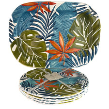 Acacia Home Melamine 1 Platter 17" and 4 Dinner Plates 11" Tropical Palm Leaves