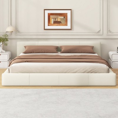 Stylish Beige Faux Leather Upholstered King Bed Engineered Hardwood Frame