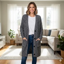 Woman Within Black White Marl knit long open front Cardigan Sweater 14/16 M plus