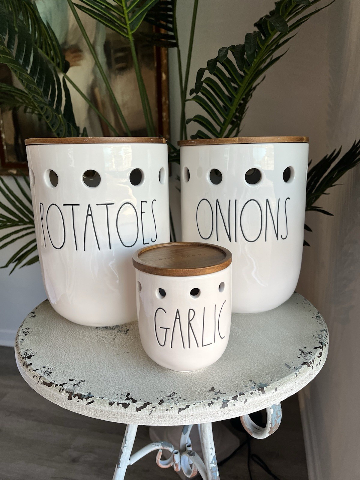 Rae Dunn POTATOES ONIONS GARLIC CELLAR Storage Farmhouse Magenta Wood Kitchen