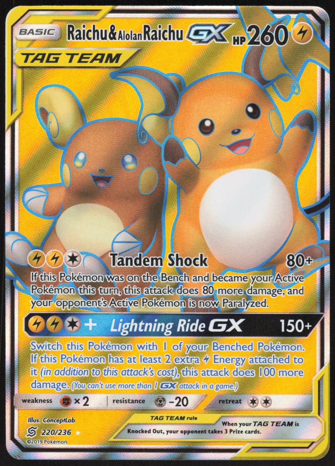 RAICHU & ALOLAN RAICHU GX 220/236 ULTRA RARE UNIFIED MINDS POKEMON NM