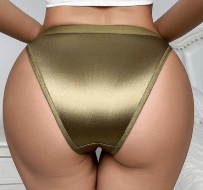 Glossy Olive Wet Look Second Skin Satin Buttery Soft String Bikini Pantie XL NEW
