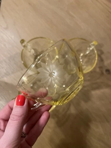 Lancaster Glass Jubilee Yellow 4 Cups Flower Etched Depression Glass 1930's USA