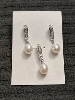 Luxuriös 925 Sterlingsilber Süßwasserperlen Anhänger Halskette & Ohrringe Set Neu mit Etikett CZ
