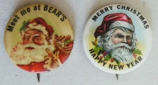 2 VINTAGE SANTA CLAUS CELLULOID ADVERTISING/MERRY CHRISTMAS~PIN PINBACK BUTTONS
