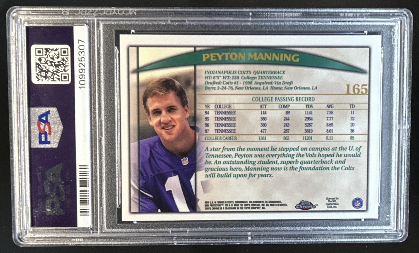 1998 Topps Chrome Peyton Manning Rookie RC #165 Colts PSA 9 view 2