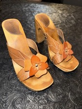 Vintage Sunflowers Brazil Wooden High Heel Leather Floral Sandals Womens 7M