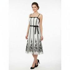 Ann Taylor Ivory & Black Striped Sleeveless Embroidered Column Panel Dress 6