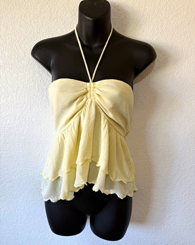 Hollister Women's Cream Cotton Smocked Strapless Halter Ruffle Hem Tank Top M