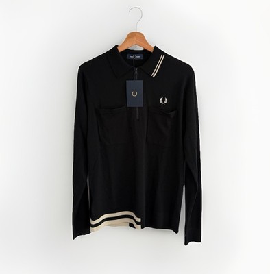 Fred Perry Half Zip Strickhemd Herren Small schwarz Langarm Wolle Mod neu mit Etikett