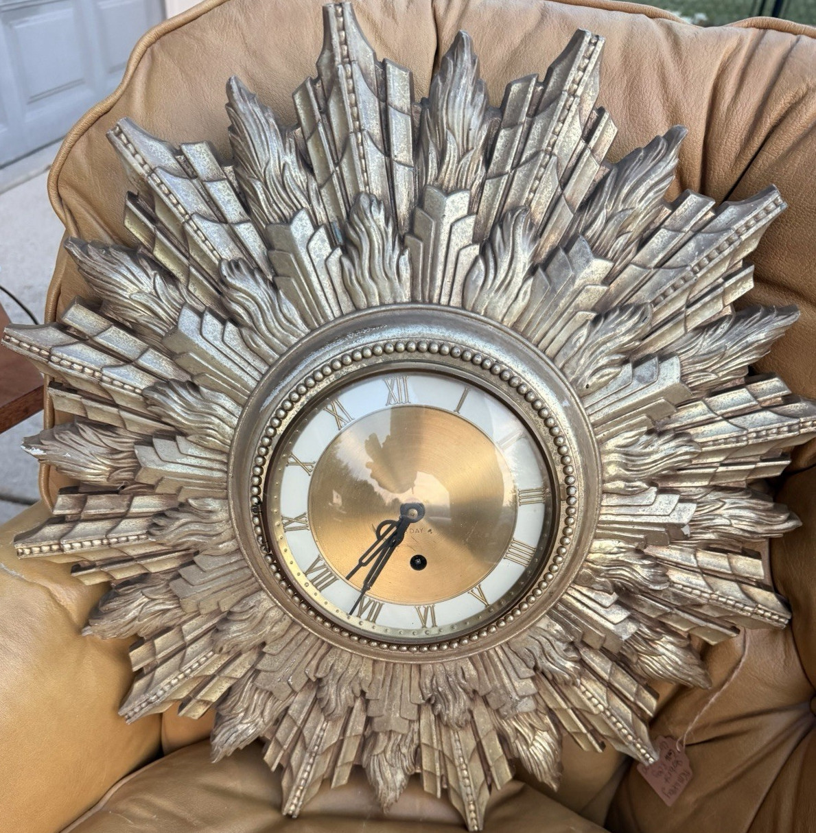 Vintage Gold & Silver Metal Sunburst Wall Clock decor, MCM 8 day