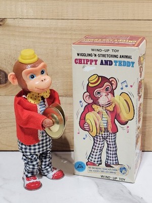 Vintage ALPS Chippy w Cymbals Wind Up Litho Tin Toy Japan w Box Works! See Video