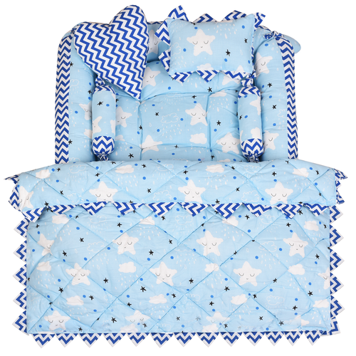 BB13 Blue & White Baby Bed Set | Reversible Cotton Mattress (Godari) & Pillows - Picture 6 of 6