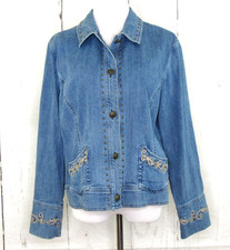 Coldwater Creek Tuscan Scroll Denim Jacket Size L Button Front Embroidered Studs