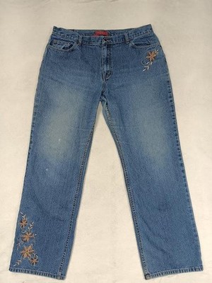 Zena Relaxed Straight Jeans Womens 18W Blue Med Wash High Rise Floral 38x30