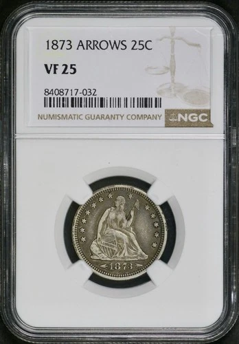 1873 Arrows Liberty Seated 25c Silver Quarter, Nice Original Coin, NGC VF25