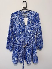 Zara blue and white paisley print belted mini shirt dress uk size L