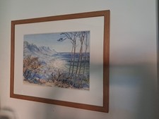 Seascape mountains 20 Century Watercolour By M G Waugh Quality Mount & Oak Frame