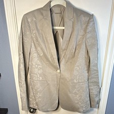 Elie Tahari Women s Beige Embroidered Button Front Lined Blazer Long Sleeve 8