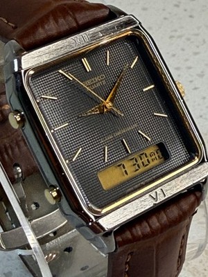 Vintage Seiko Quartz Ana Digi Mens Watch H601-5239 Dark Textured Dial Leather
