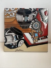 Earthtones Hand Glazed Decorative Ceramic Kokopelli Vases Tile L. Kuhne 1984 USA