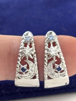 925 Sterling Silver Celestial Moon Star Sun Huggie Hoop Earrings CZ Blue
