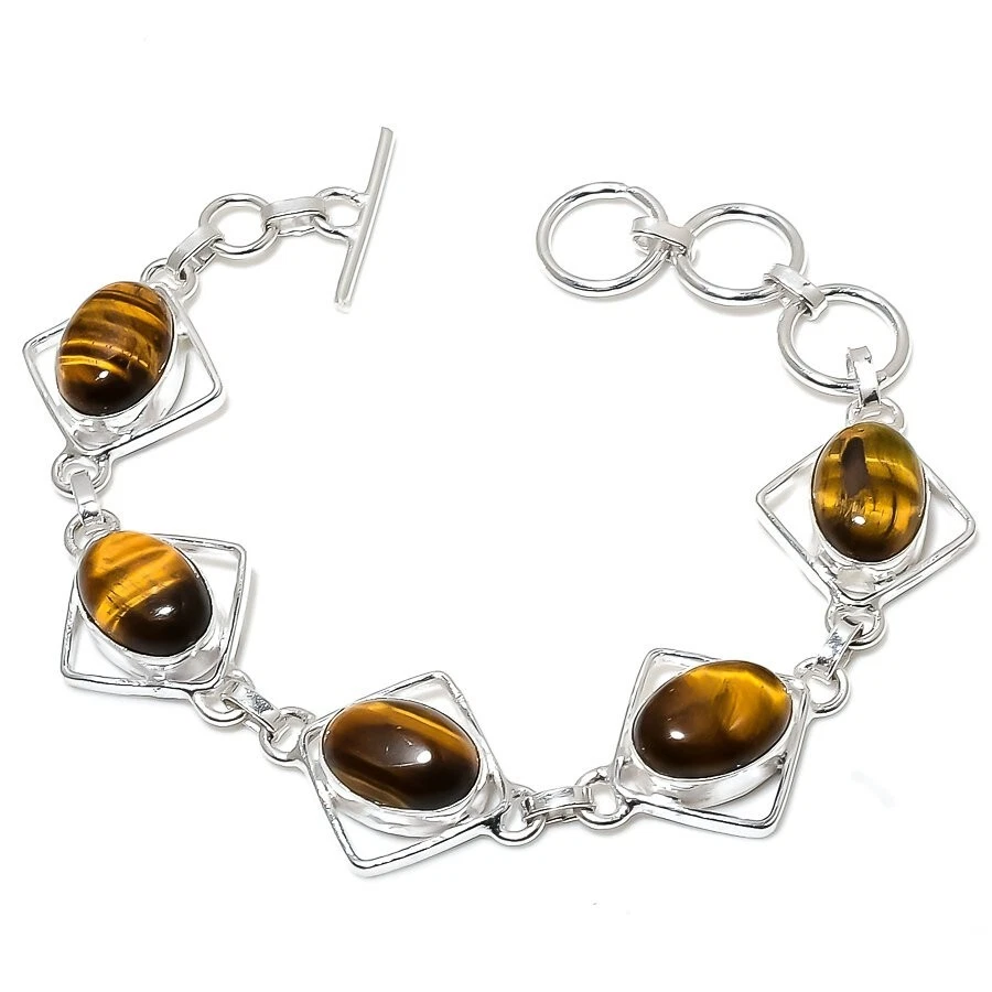 VALENTINO Bracciale in argento sterling 925 fatto a mano con pietre preziose occhio di tigre marrone 7 8"