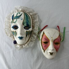 Pair Of MARDI GRAS Style DECORATED HAND PAINTED WALL Masks Ceramic/clay Glitter