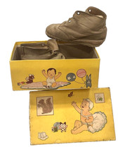 Antique Leather Baby Shoes with Cute Graphics Shoe Box 1930 Yellow box