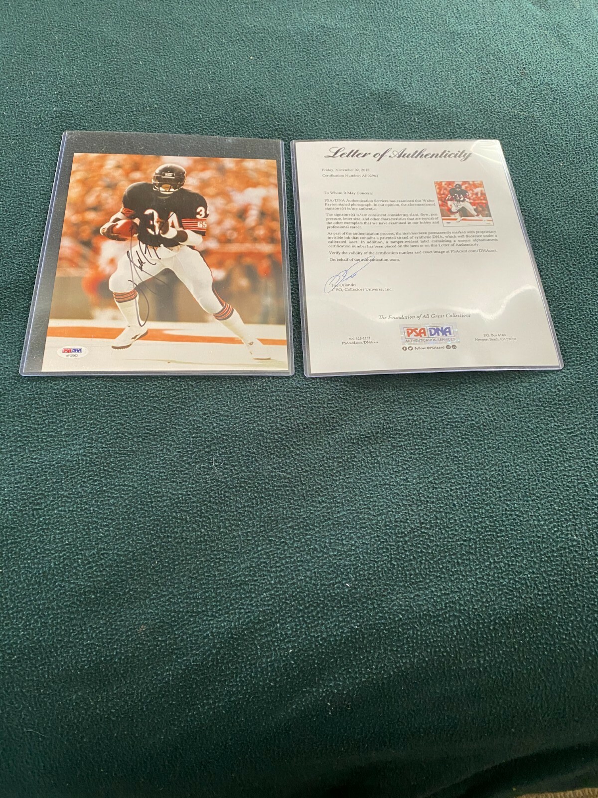 Walter Payton Autographed Photo PSA/DNA Authenticated
