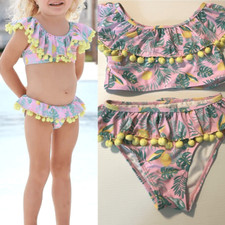 Nicole Miller 2 PC Tropical Pink Green Pom Pom Bikini Swimsuit UPF 50 Girl S 7/8