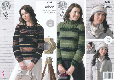 Damen Strickmuster King Cole Urban Easy Knit Pullover Kutte Schal & Mütze 4328