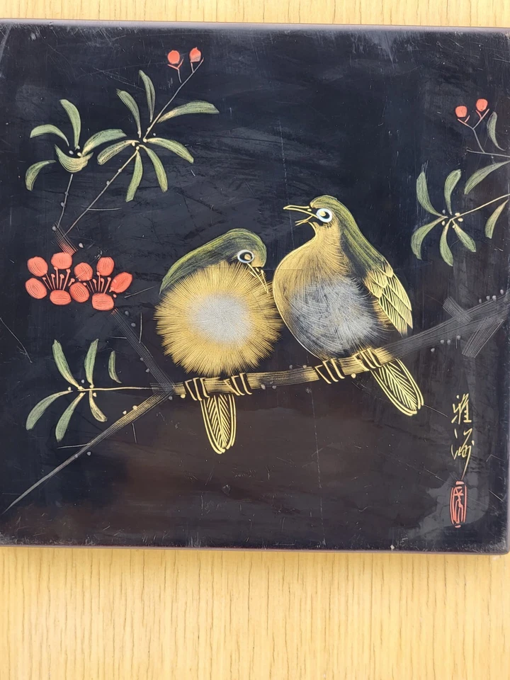 Laca japonesa Wajimaya arte asiático placa pájaros en rama azulejo pintado de colección Foto 3 de 4