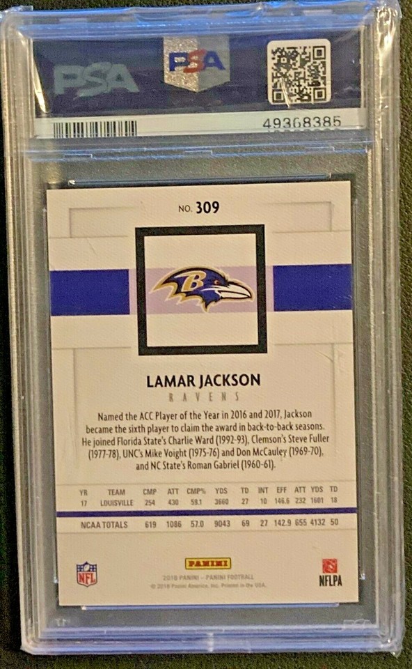 Lamar Jackson 2018 Panini Canvas 309 Rookie RC Ravens PSA 9 MINT MVP lamar-jackson-2018-panini-canvas-309-rookie-rc-ravens-psa-9-mint-mvp