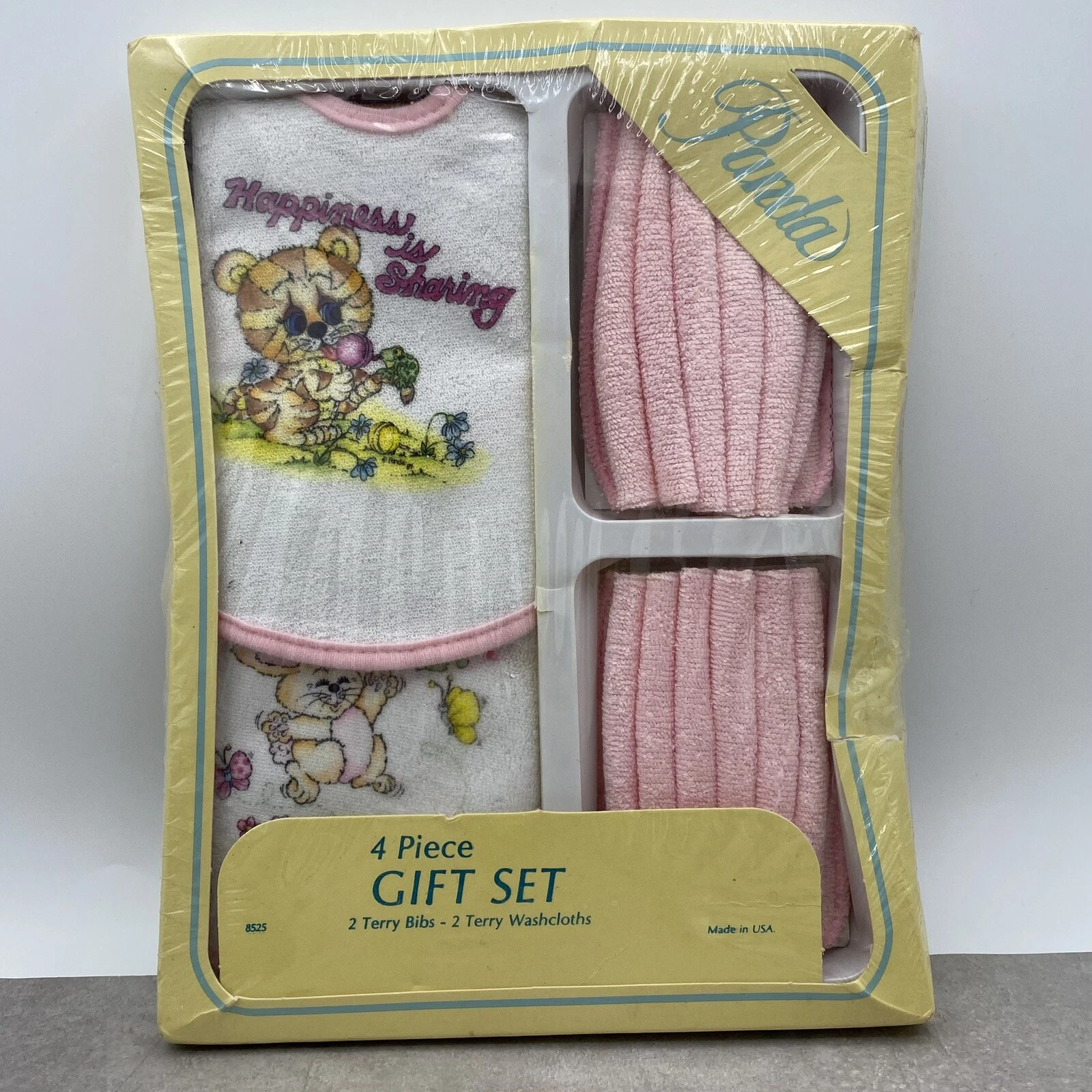 Vintage Panda Baby Gift Set 2 Bibs Terry Towels Cat Bunny Baby Shower Gifts NOS