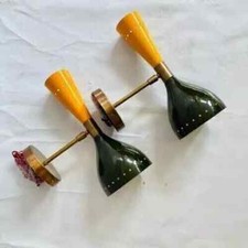 1950's Mid Century Brass Italian Diabolo Wall Sconce Light Fixture 2 Bulb Pair