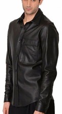 Men Black genuine lambskin leather shirt, full sleeve with pocket   casual party