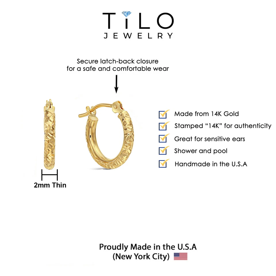 14K Real Solid Gold Hand Engraved Diamond-Cut Round Small Hoops Earrings 13mm - Image 2 of 4