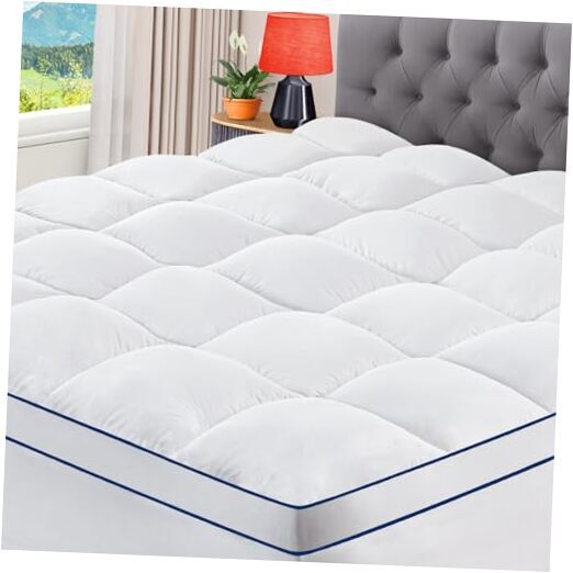 Mattress Topper Cooling Mattress Pad Cover, Extra Queen White With Blue Lines