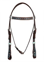Western Dark Oil Browband Style Blue Stone Studded Headstall With Rawhide Knott Western Dark Oil Browband Style Blue Stone Studded Headstall With Rawhide Knott