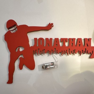 Personalized Football Player Wall Sign Wood Red Handmade Sports Decor