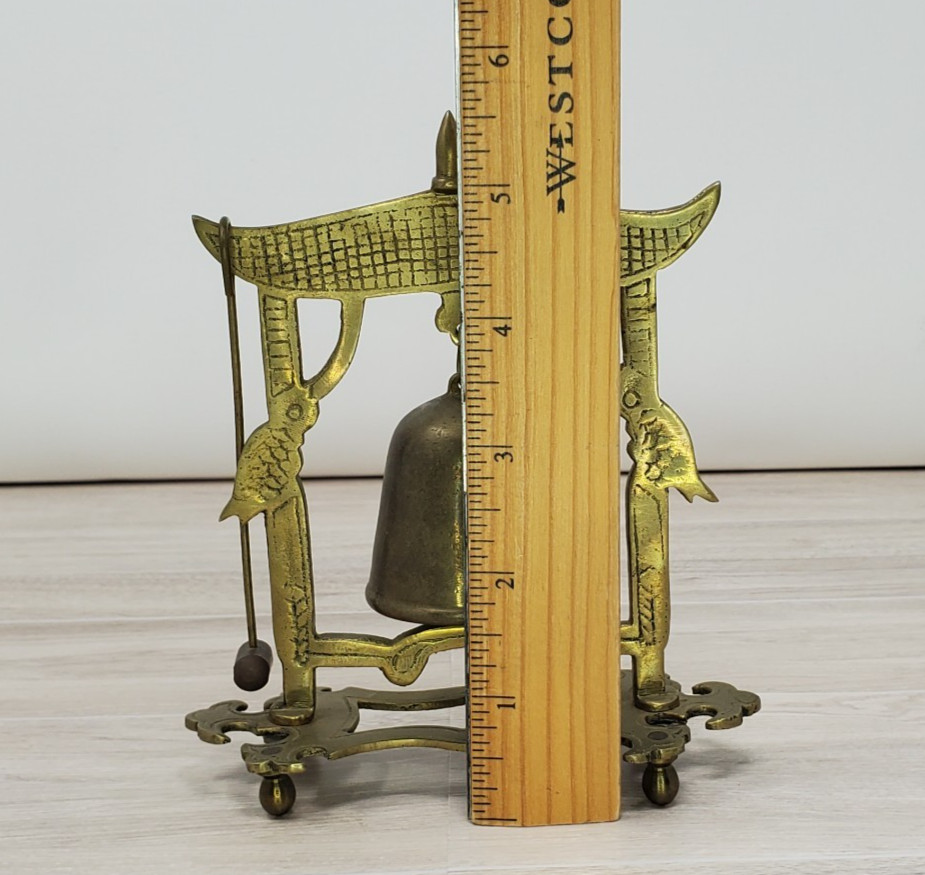 Vintage Asian Solid Brass Gong Bell with Hammer Stand 5.5” Tall Hong Kong Fish