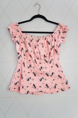 Pink Rockabilly style top with atomic Kitty and boomarang print fabric