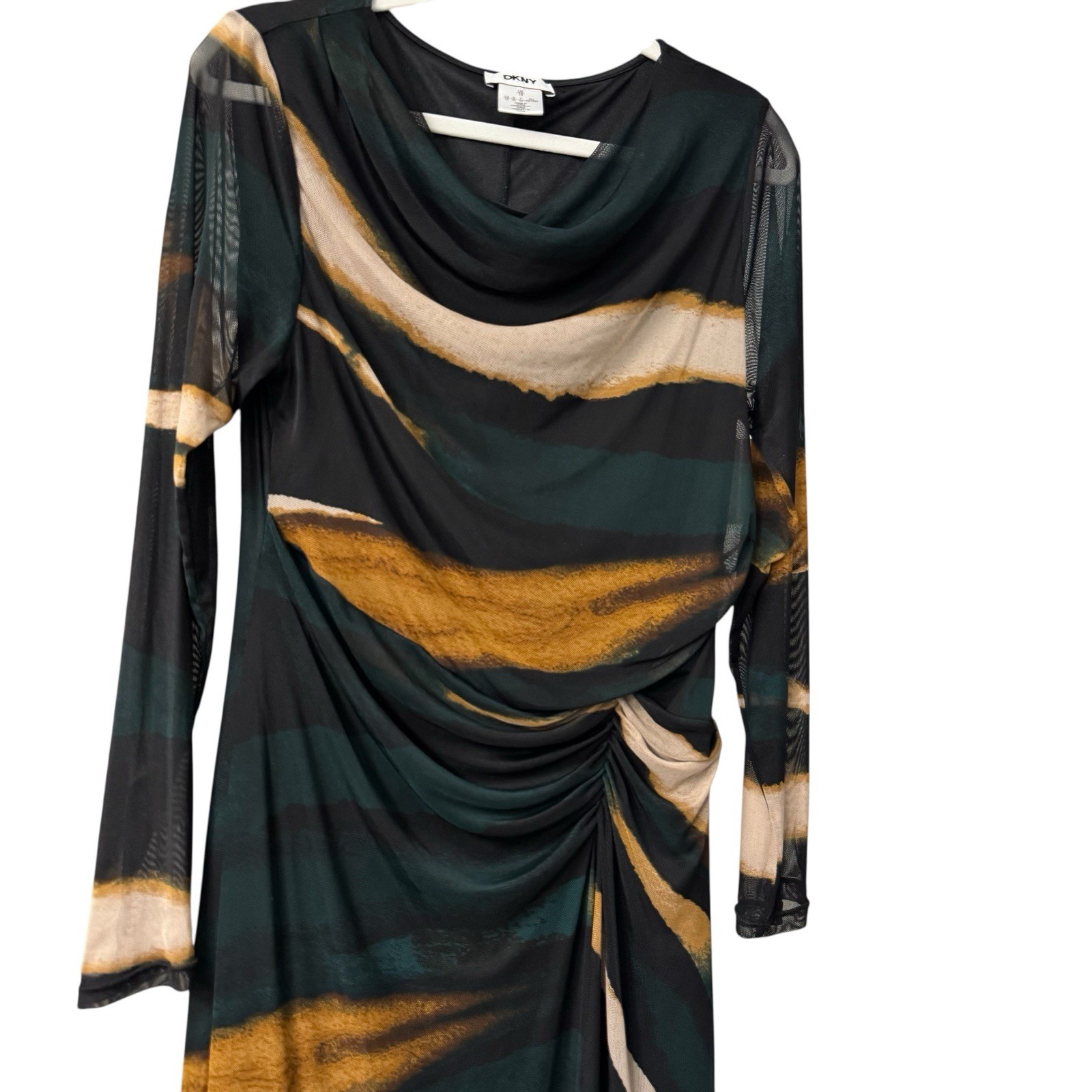 DKNY Maxi Dress Mesh Overlay Black Green Tan Sheer Sleeve Ruched Waist Sz 10 EUC