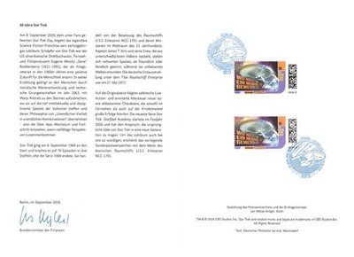 (213) Faltkarte 2026 60 Jahre Star Trek Erstausgabe Sonderstempel